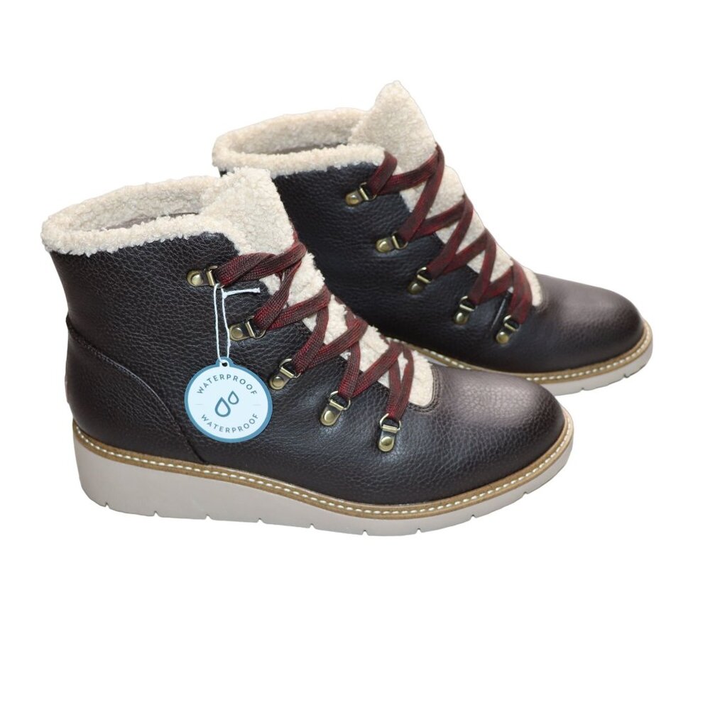 Dr. Scholls Boots Size 9.5 Brown Leather Lace-up Sherpa Lined So Cozy Wedge NEW - Picture 6 of 14